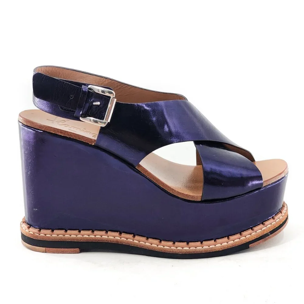 FLAMINGOS Trendy Metallic Blue Leather Platform Wedge Sandal